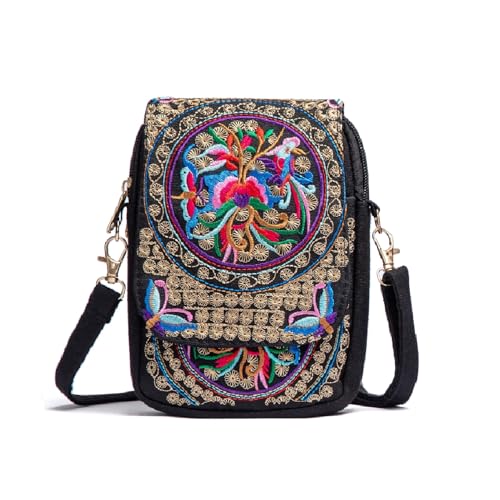 Vintage Embroidered Cell Phone-Purse -Small Crossbody Bag Coin Wallet,Women Mini Ethnic Travel Shoulder Bags Handbag Pouch, Black&red