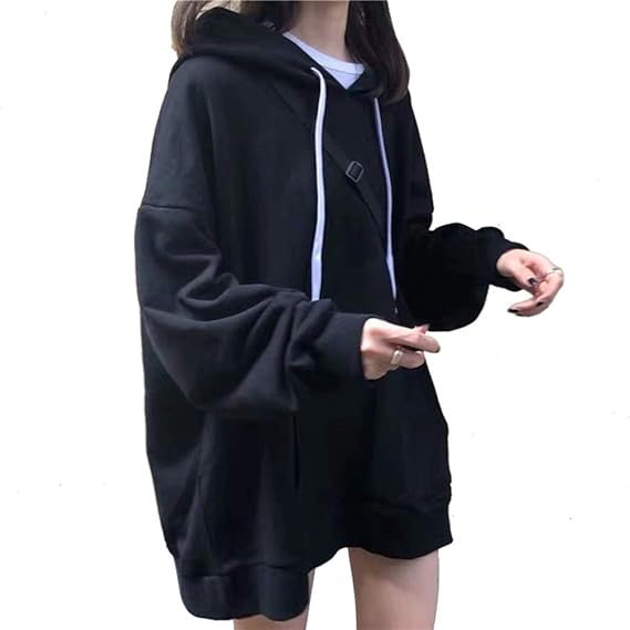 Amazon Co Jp Falshyvuk レディース フード パーカー ゆったり無地 Oversized フード付きトップス ゆったりカジュアル 今流行りの大きめパーカー L ブラック 服 ファッション小物