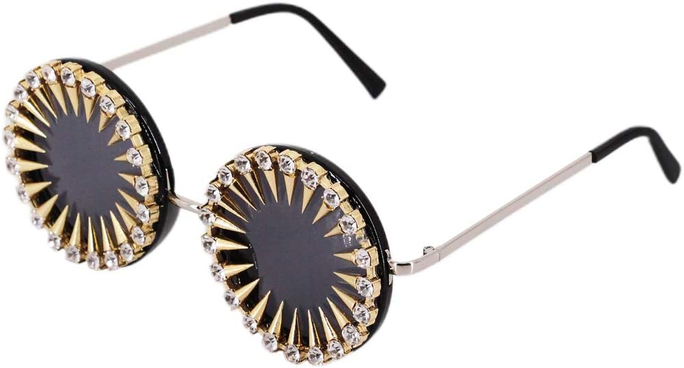 Naimo Sparkling Crystal Round Sunglasses UV Protection Punk Rivet Rhinestone Glasses Eyewear