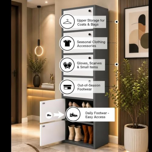 Image of EXVITO Modern Tall Shoe Cabinet, Wooden Flip Door Shoe Storage Cabinet, 4-Door Narrow Entryway Shoe Organizer with Multi-Tier Shelves, Space Saving Shoe Rack for Hallway, (Black-White, 5 Door)