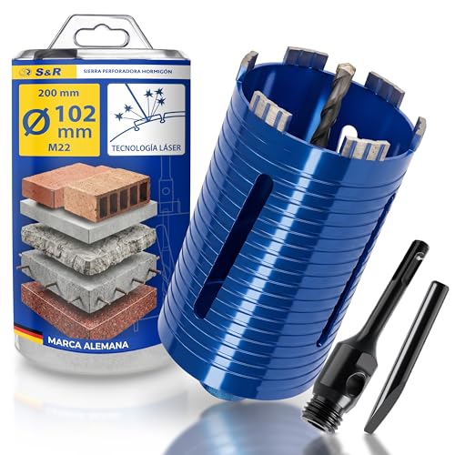 S&R Sierra Corona Perforadora para Hormigón 102 mm. Broca de hormigón 102 SDS-plus. Corona diamantada M22 Professional con Adaptador SDS Plus