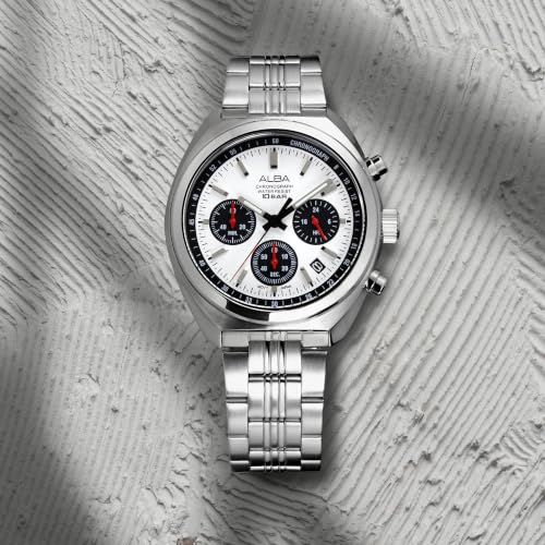 Image of ALBA AT3K11X1 Chronograph Analog Watch for Men | Seashell White Panda Dial | Japanese Quartz VD53 Movement | Stainless Steel Bracelet | 1 /10 Second Chronograph | Date Display | 10 BAR Water Resistant | Mineral Crystal