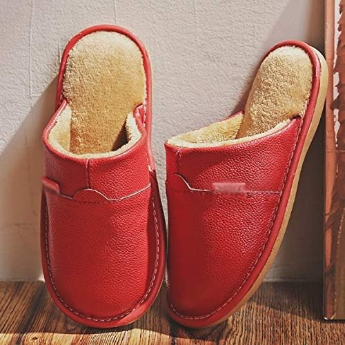 国産ホーム冬の屋内暖かい靴厚い底豪華な防水レザーハウススリッパ綿の靴(Red,35-36) 作業ブーツ 脱ぎ履き