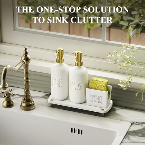 Image of Cisily Kitchen Soap Dispenser Set Comes with Ceramics Sponge Holder, Gold Pumps, and Instant Dry Tray, Hand and Dish Soap Dispenser Set (4, Gold + Off White + Sponge Holder)