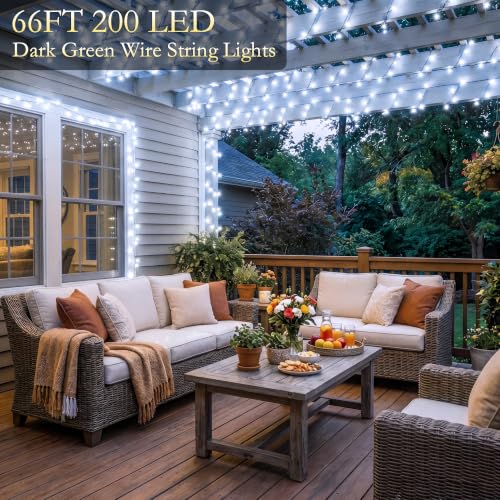 Image of 66FT 200 LED White Fairy Lights, Dark Green Wire 8 Modes Timer, IP44 Waterproof Outdoor Indoor String Lights for Patio Garden Backyard Bedroom Classroom Weeding Christmas Decor