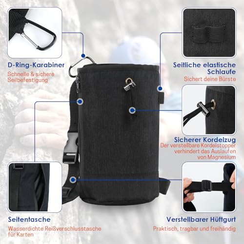 Sac de magnésie avec fermeture éclair étanche – Sac à magnésie pour escalade et boulder avec sangle réglable et clip mousqueton, convient également pour l'escalade, l'haltérophilie, la gymnastique, le – vue 3
