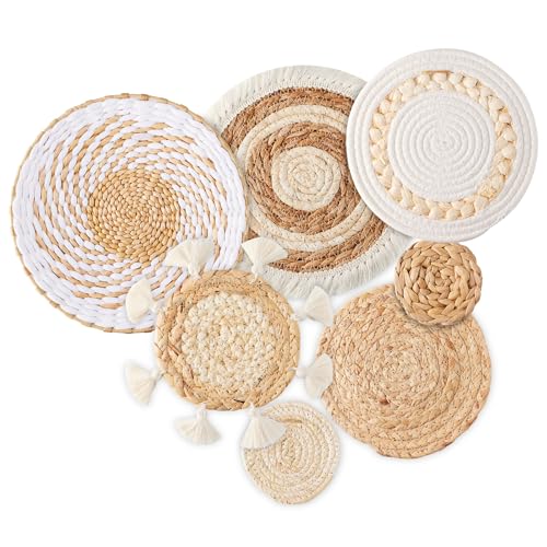 7 Pack Boho Wall Basket Decor – Seagrass Rattan Wicker Wall Decor Round Handmade Hanging Rustic Flat Elegant Wall Art for Farmhouse Living Rooms Bedrooms Display Table Settings Kitchen Home