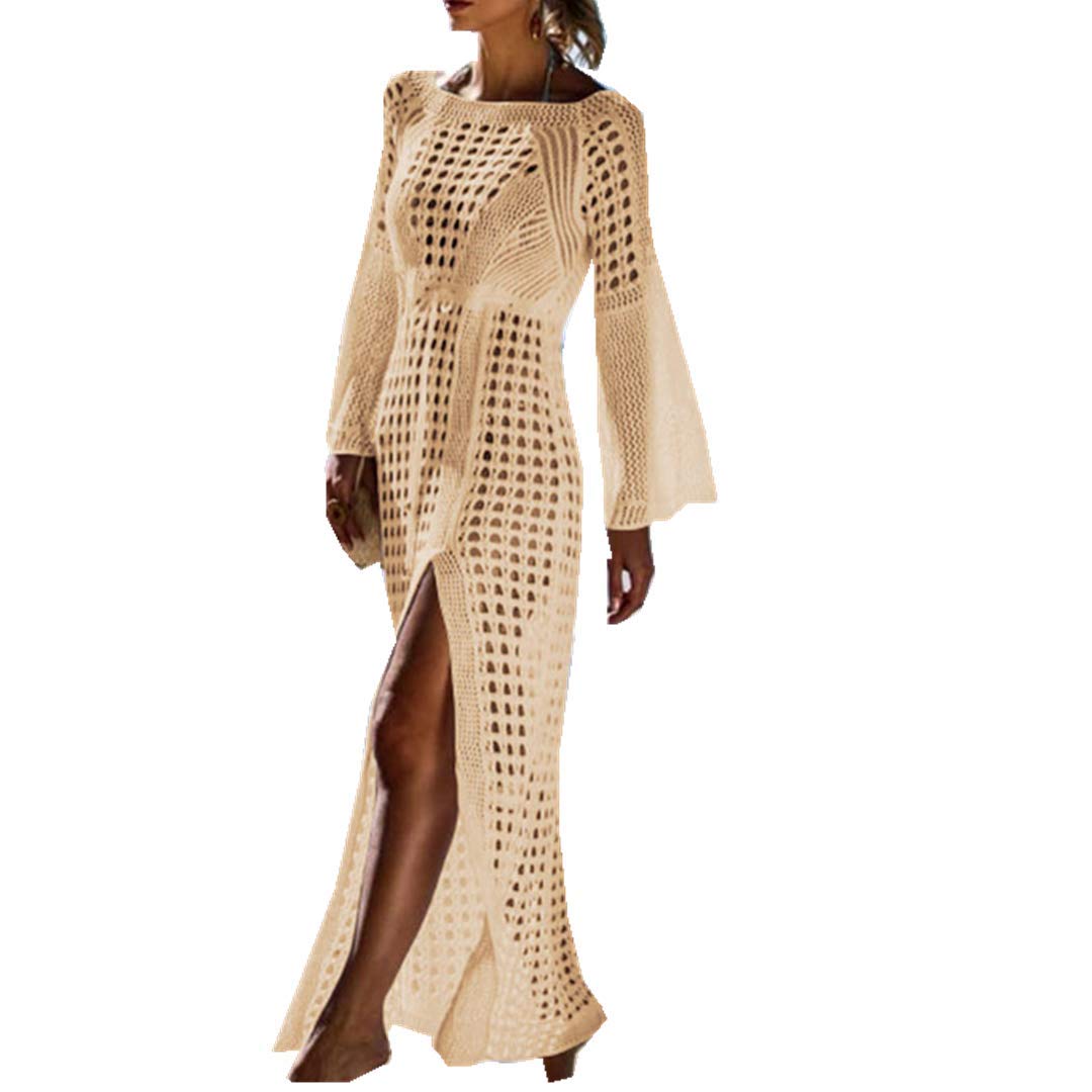 Women's Long Beach Cover Up Ladies Swimwear Hollow Out Bell Sleeve Dress Swimsuit Cover Crochet Lace Bikini Bathing Beachwear (Beige)