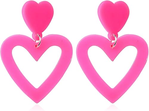 Aretes de corazón de amor rosa intenso para mujeres y niñas, aretes colgantes rojos de doble corazón Y2K, aretes acrílicos ligeros, regalos de