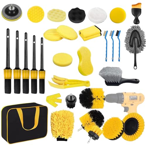 MEETOZ Kit de nettoyage de voiture 32 pièces, kit de lavage intérieur et extérieur avec sac, brosses professionnelles de nettoyage intérieur, pour voiture, moto, vélo, extérieur, roues, tableau de
