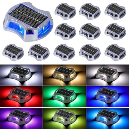 Bosceos Solar Driveway Lights Deck Dock Lights Outdoor 12 Pack, 9 Colors in 1, Pathway Light Solar Powered Waterproof, LED Marker Marine Light for Warning Driveway Sidewalk Pathway Walkway Step(RGB)