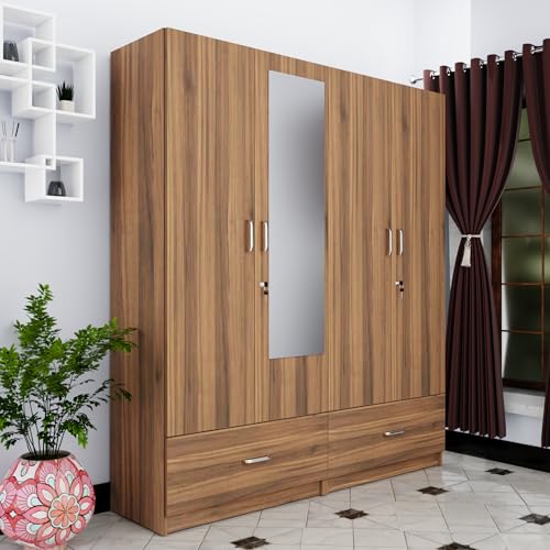 Image of VIKI Wardrobe |Wooden Almirah for 4 Door Wardrobe with 2 Split Drawer & Hanging Space with Mirror (Brussel Walnut - 40D x 160W x 180.8H) | 1 Year Warranty | Free Assembly