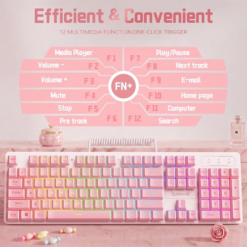 Image of Redragon Updated S107WP Gaming Keyboard and Mouse, RGB Gaming Keyboard and 10000 DPI Mouse Combo with 25-Key Anti-Ghosting, 1K Hz Programmable Mice with Software, Plug & Play to PC, Laptop - Pink