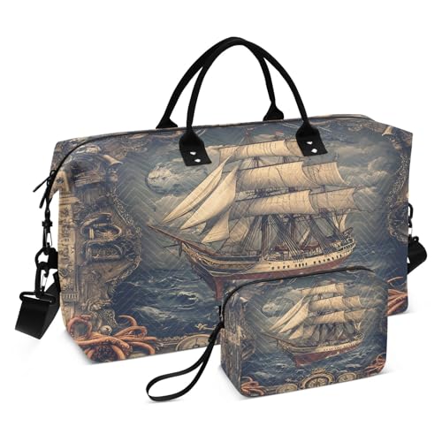 Weekender Bags Travel Duffel Gym Bag Vintage Sailboat Navigation Carry on Overnight Tote Bag with Toiletry Bag for Airplane Travel Trip Gym Yoga