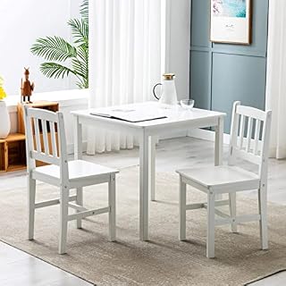 Classic Solid Wooden Dining Table and 2 Chairs Set Kitchen Home 2+1 (White)