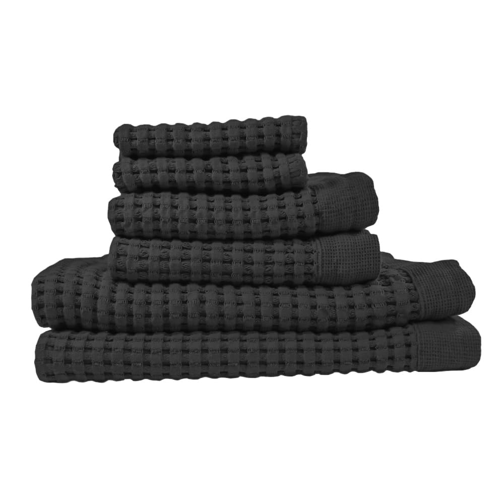 Gilden TreeWaffle Towel Set Quick Dry Thin | 2 Bath Towels | 2 Hand Towels | 2 Washcloths, Modern Style (Faded Black)