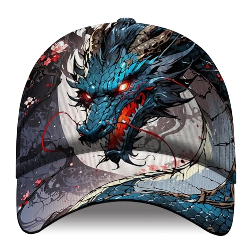 3D Printed Blue Dragon Anime Baseball Cap - Anime Streetwear Adjustable Cap Traditional Yokai Graphic Hat for Manga Fans Cosplay Casual Daily Wear for Anime Lovers Unisex