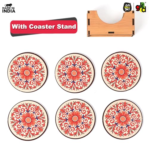 Image of GKD Flower Coasters Wooden Tea & Coffee Coaster Set of 6 with Stand | Heat & Water Resistant Table Coaster for Cups, Mugs & Glasses (Flower Coasters)