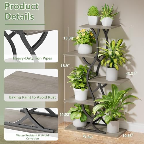 Image of Plant Stand Indoor with Grow Lights - 5 Tiered Corner Plant Shelves (Gray) | 44 inch Tall Metal Plant Shelf, S-Shape Lighted Flower Holder Dispaly Rack for Living Room, Home, Patio, Balcony