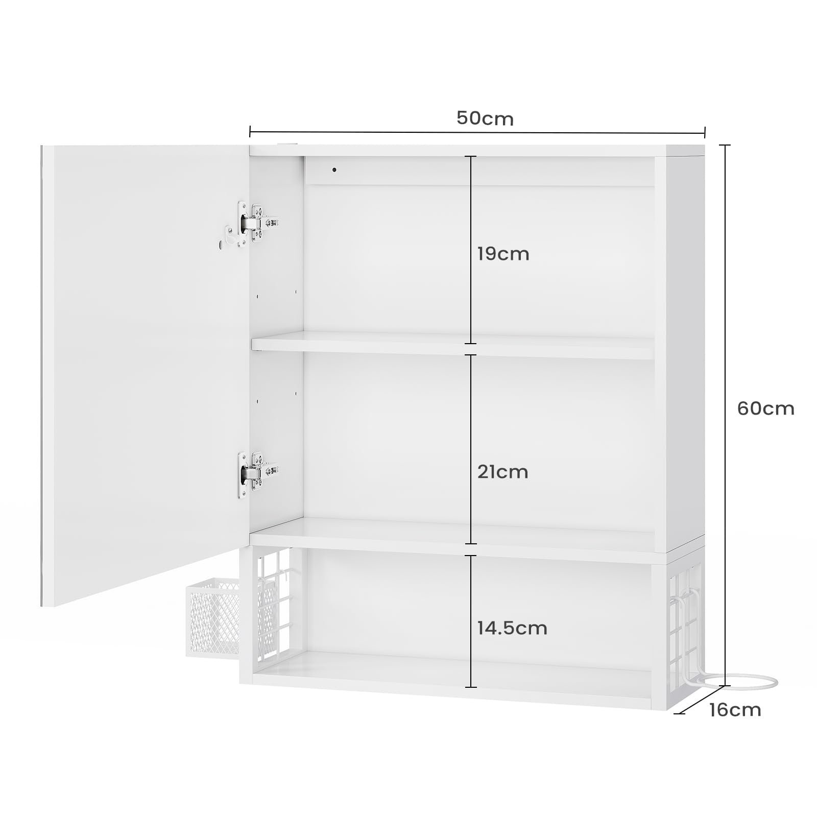 Spiegelschrank Bad mit LED-Beleuchtung,Badezimmer Spiegelschrank mit verstellbarer Ablage,HD-Spiegel, Hängekorb,Haartrockner-Halter,3 Lichtfarbe Einstellbar, Badezimmerschrank 50×16×60cm,Weiß