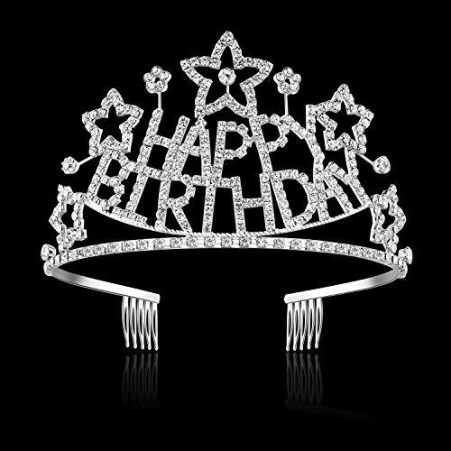 BABEYOND Crystal Rhinestone Birthday Tiara Headband Happy Birthday Crown Comb Pin (Silver)