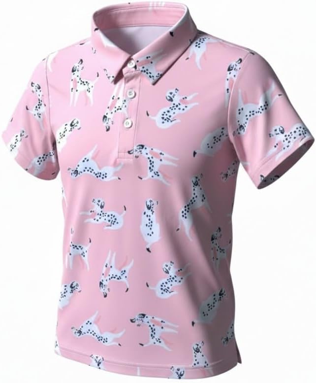 The Emmie Girls Golf Performance Polo in Pink with Dalmatian Print