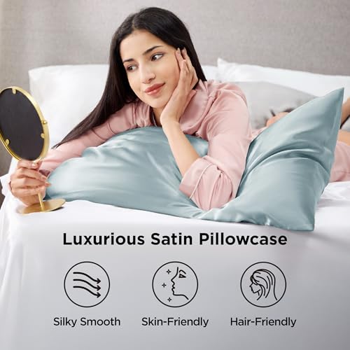 Image of Bedsure Satin Pillowcase 2 Pack Similar to Silk Pillow Cases Standard Size, Pillow Case for Sleeping Women with Envelope Closure, Gifts for Women Men, Light Turquoise, 20x26 Inches, 2pcs