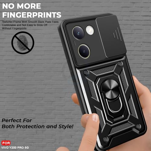 Image of AESTMO Polycarbonate Tough Armor Vivo Y200 Pro 5G Bumper Back Case Cover|Ring Holder & Sliding Camera Shield Cover|360 Degree Protection Back Case Cover for Vivo Y200 Pro 5G (Black)