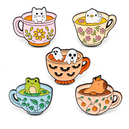 Image of 5Pcs Cute Coffee Cat Sloth Enamel Pin Set Cartoon Animal Coffee Cup Brooch Badges, Funny Lapel Pins for Backpacks, Jackets, Bags, Coffee Lover Gift