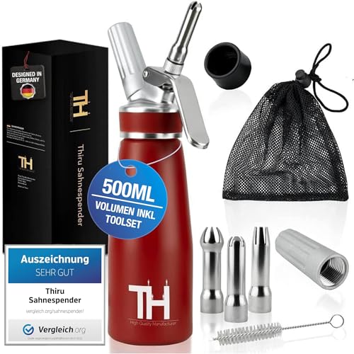 Thiru Sahnespender inkl.Toolbox - Note \"sehr gut\" -100 Tage testen - Sahnesyphon mit eBook & 3 Edelstahl Tüllen - Sahnesyphon für Schlagsahne, Espuma & warme Speisen (Rot) Thiru Sahnespender inkl.Toolbox - Note \"sehr gut\" -100 Tage testen - Sahnesyphon mit eBook & 3 Edelstahl Tüllen - Sahnesyphon für Schlagsahne, Espuma & warme Speisen (Rot)