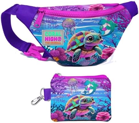 Coral High Kız Çocuk Pembe Mor Kaplumbağa Desenli Bel Çantası ve Bozuk Para Cüzdanı Set