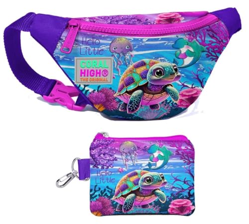 Coral High Kız Çocuk Pembe Mor Kaplumbağa Desenli Bel Çantası ve Bozuk Para Cüzdanı Set