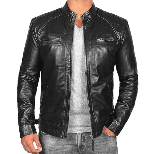Chaqueta de cuero para hombre, chaqueta de cuero para motociclista, negra estilo motero, vintage piel sintética, ropa exterior informal y ligera.