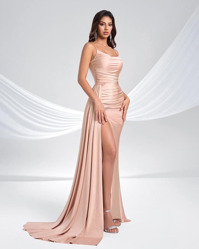Women's Sleeveless Bodycon Prom Maxi Dress Elegant Spaghetti Strap Wedding Guest Formal Evening Gowns with Slit