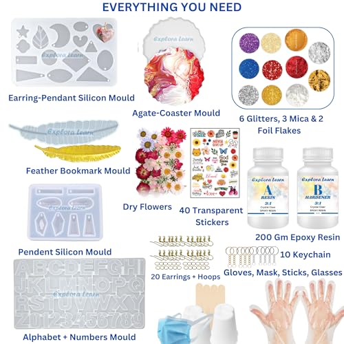 Image of Exploralearn 125 pcs Ultimate Master Resin Art Kit - DIY Alphabet, Earring, Keychain, Pendant, Coastersand Bookmark with Epoxy Resin and Silicone Moulds - Comprehensive Resin Art Materials - Mica, Glitters, dried flowers and Flakes