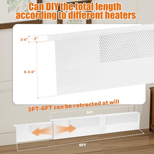 Image of Baseboard Heater Cover, Adjustable Length from 3FT to 6FT, Including Left and Right End Covers, High Carbon Steel, Total Length of 6FT，Easy Installation