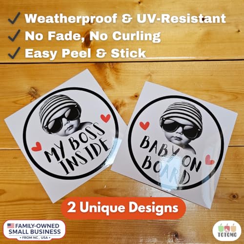 Image of TOTOMO Baby on Board Sticker for Car | My Boss Inside Sticker Set - Funny Car Decals, Cute Durable Vinyl Safety Signs for Windows, Bumpers, or Nursery Doors - Peel-and-Stick