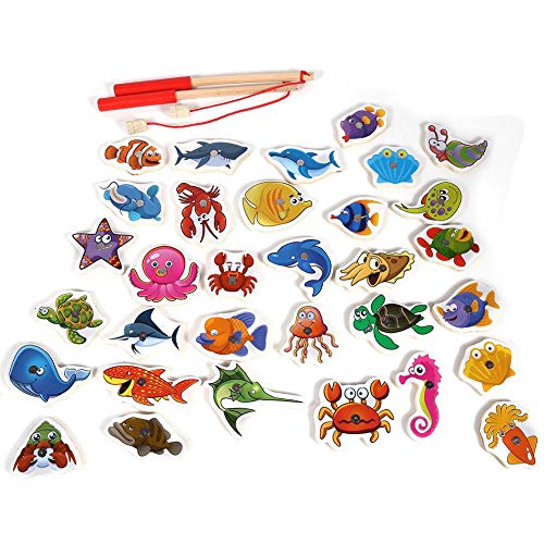 32 Packs/set Juguete de pesca de madera, Juguetes de pesca magnéticos Impermeables Animales marinos Baño Tiempo Juego Educación para Niños Niñas