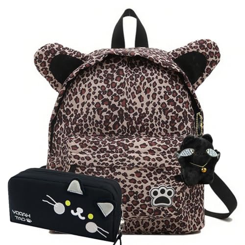 Women's Cute Cat Ears Backpack with Cartoon Charm and Case Large Capacity Leopard Print Funny Footprint for Travel (Brown(Leopard Print）)