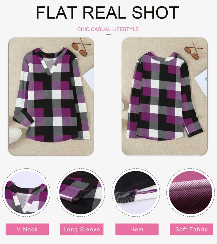 Image of Dokotoo Womens Tops Plaid Cotton Cuffed 3 /4 Sleeve Shirts Blouses