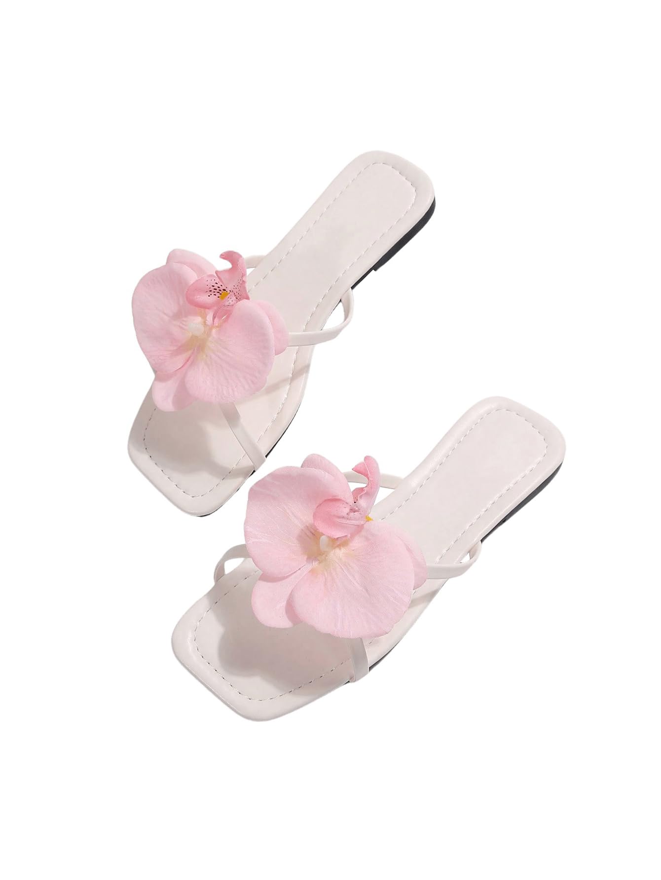 GORGLITTER Women's 3D Flower Sandals Dressy Square Toe Floral Flat Slides