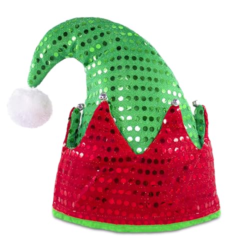 WTTORDE Elf Hat Felt Elf Hat with Jingle Bells Santa Hats Hat Great Holiday Party Costume New Year Gift Ideas and Accessory Red/Green with Sequins