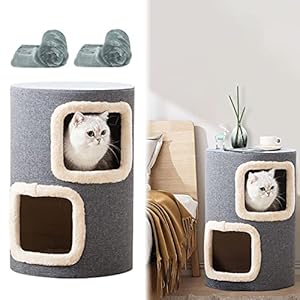 ZIMGOD Cama Gato Casa para Gatos de Interior con Dos Mantas, Cama Redonda Gris para Mascotas para el Hogar, Dormitorio, Sala de Estar, Dormitorio, Utilizado como Mesita de Noche/Mesa Auxiliar