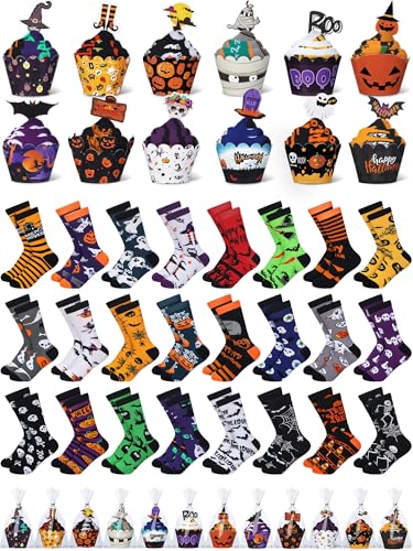 Glitopper 24 Pairs Cupcake Crew Socks Gifts Bulk for Mothers Day Nurse Teacher Women Men Unisex(Halloween)