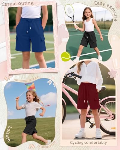 Image of 3 Pack Girls' Cargo Bermuda Shorts | Cargo Shorts, Knee Length, SweatShorts, Long Shorts, with 4 Pockets, Summer, Back to School, Clothes, 5-14 Years