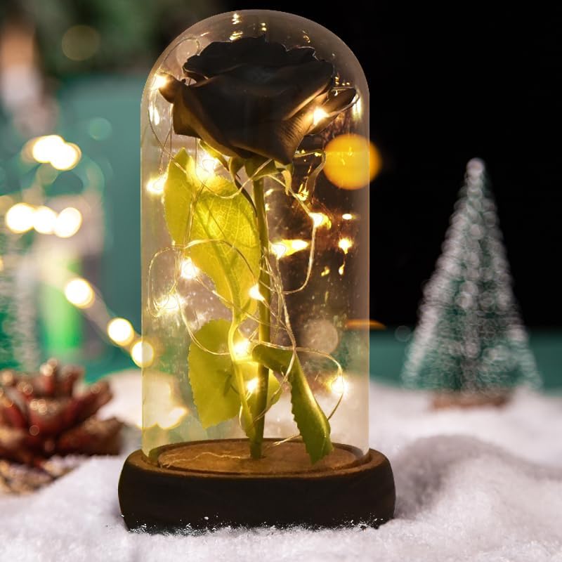 Miniatura 3 de AINYROSE Rosa preservada para mamá, rosa de seda roja en cúpula de cristal con base de luces LED, regalos románticos para decoración del hogar para