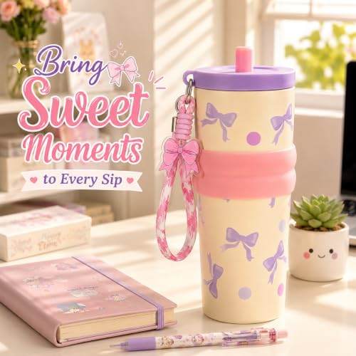 Image of Vasukie Tumbler with Stainless Steel Tumbler with Straw Lid, Wrist Strap & Decorative Bow Charm - Pink & Lavender Travel Cup,Gym,Home YL