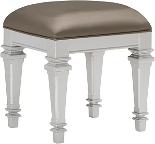 Benjara Leatherette Padded Vanity Stool with Tapered Legs and Molded Detail, Silver