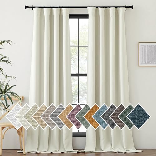 NICETOWN Thick Faux Linen Bedroom Curtains 108 inches Long, Room Darkening Dual Rod Pockets & Hook Belt Thermal Curtains Noise Dampening Drapes for Living Room, Natural, W52 x L108, 2 Panels