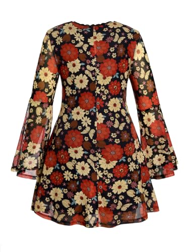 Image of BEAUDRM Women's Y2k Hippie Vintage Boho Dress Leopard Bell Long Sleeve V Neck Bow Mesh Goth Mini Dresses